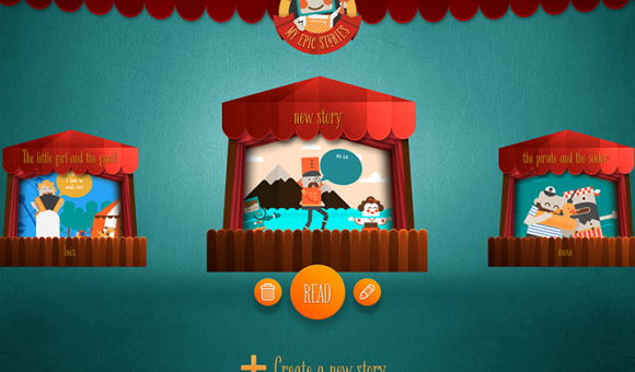 The My Epic Stories App gives a library of characters, objects and decorations to be slid on a scene and to liven up to work the imagination.